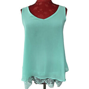 Blu Pepper brand Mint Green Sheer Sleeveless Tank Top Blouse Size S Lace Trim